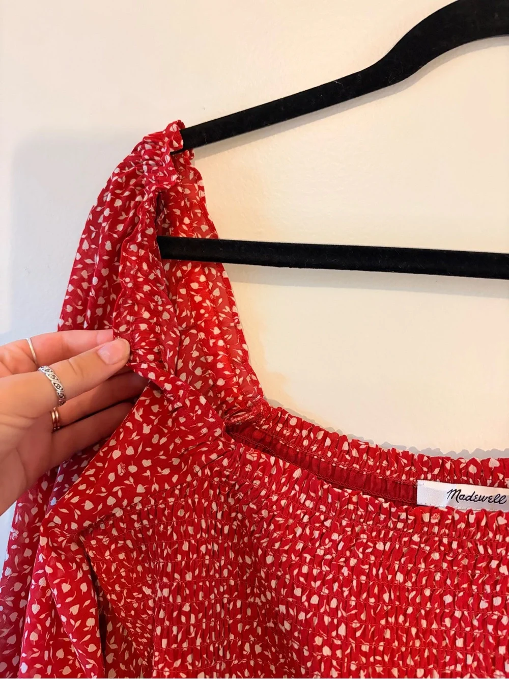 Madewell Red Ditsy Smocked Peasant Blouse Size 6